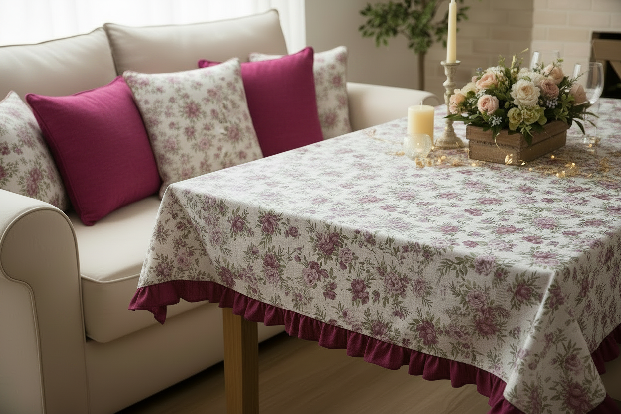 Tovaglia Fiordaliso con retro cuscini fucsia